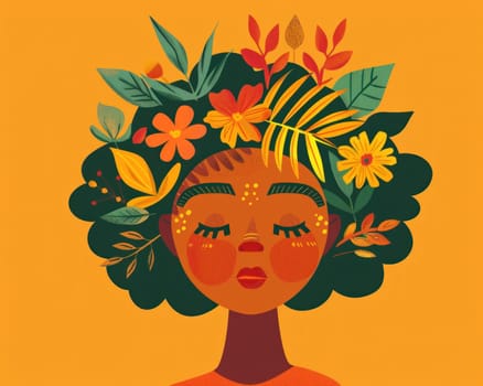 African american woman with flower wreath on head, beauty and fashion concept illustration