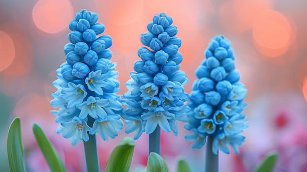 Three blue grape hyacinths in bloom against a soft pink bokeh background