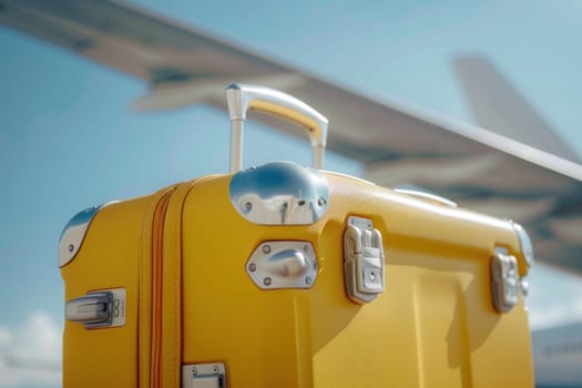 Travel in style vibrant yellow suitcase on airplane wing against blue sky background