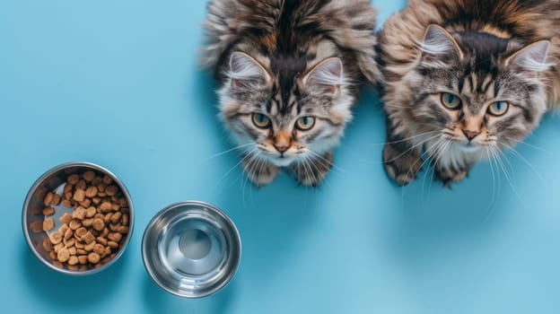 Two fluffy cats with food bowls on a blue background