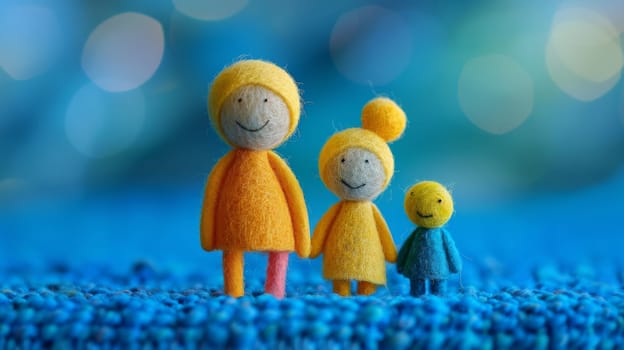 Colorful felt figures of a family on a blue background