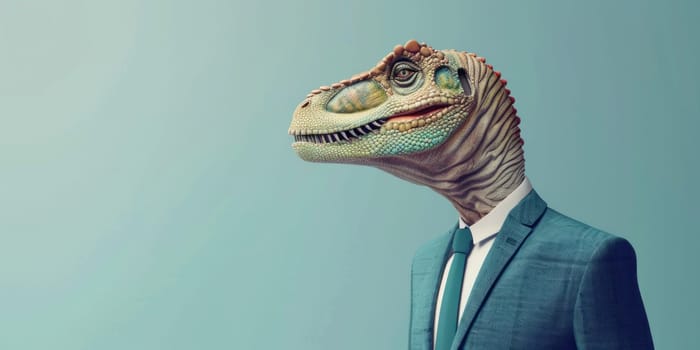 Dapper dinosaur business traveler in a suit and tie on blue background