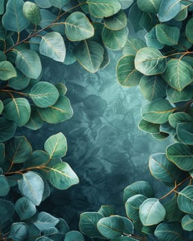 Eucalyptus leaves on blue background with space for text, travel and beauty concept