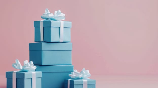 Blue gift boxes with white bows on pink background, elegant presents for special occasions