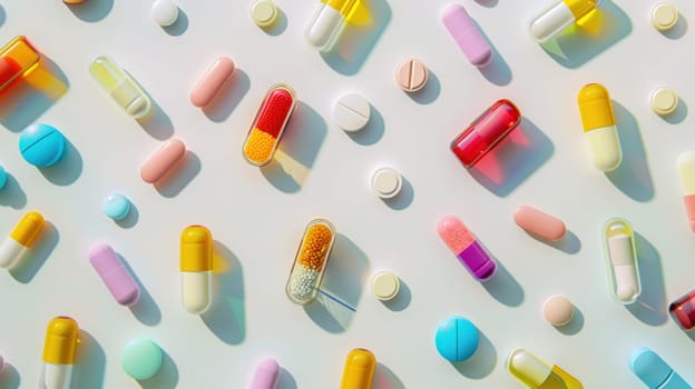 Colorful array of pills scattered on white surface under the bright sun light in medical concept