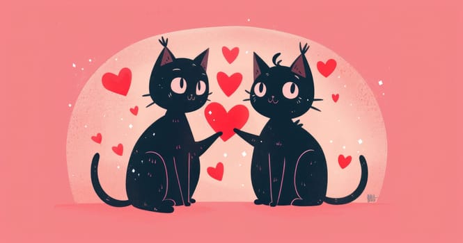 Romantic black cats holding heart in front of pink background with hearts, love and affection concept