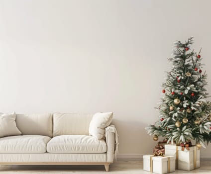 Christmas tree and white couch in elegant living room with copy space for holiday decor stock photo