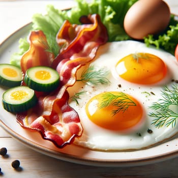 breakfast dish, scrambled eggs with crispy bacon and sprigs of fresh dill.