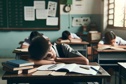 students sleep at school desks with their heads on textbooks and notebooks.