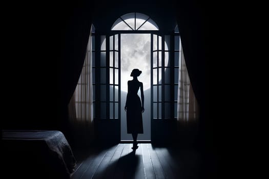 the silhouette of a slender woman standing in a dark bedroom at a French window illuminated by moonlight.
