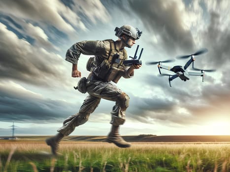 a soldier sprinting across an open field, operating a drone via a remote control.