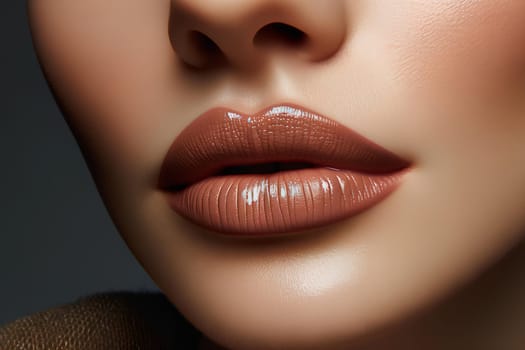 beautiful female lips with beige lipstick close-up.