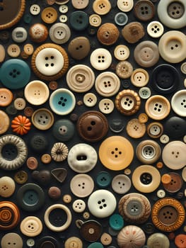Vertical pattern of assorted vintage buttons in various sizes and colors close-up.