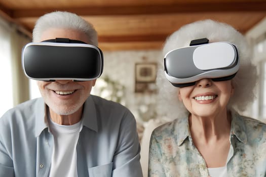 joyful elderly couple wearing interactive virtual reality glasses close-up