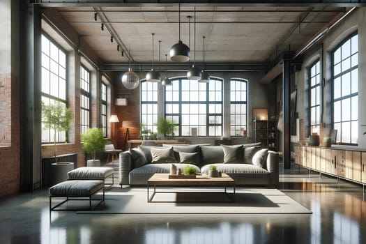 loft style living room interior with exposed brick walls and large industrial windows.