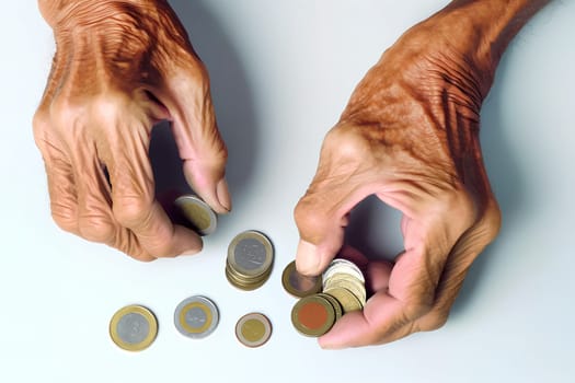hands of an elderly man counting coins, concept of poor old age and small pension.