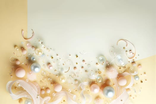 light and airy holiday background on a pastel yellow background with graceful ribbons, transparent bubbles and beads, copy space.