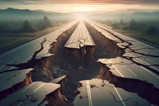 highway damaged by earthquake, section of highway with significant cracks.