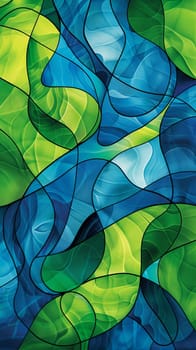 Abstract stained glass pattern with blue and green hues