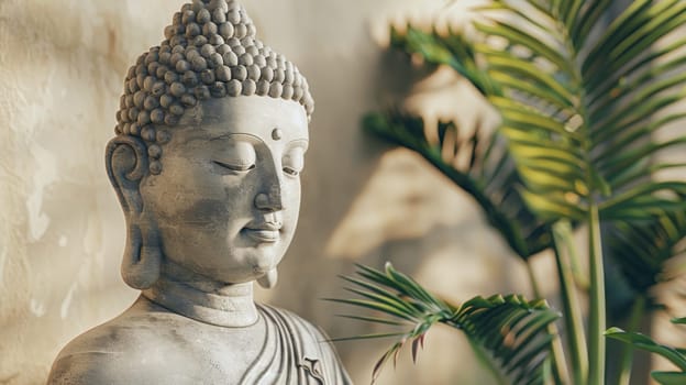 Serene stone buddha statue with green plants in background