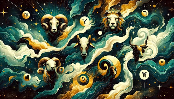 Horizontal astrological pattern with zodiac signs on cosmic background.