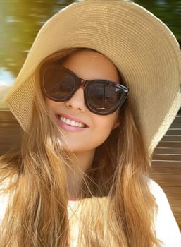 Beauty, summer holiday and fashion, face portrait of happy woman wearing hat and sunglasses, for skincare cosmetics, sunscreen spf lifestyle look idea