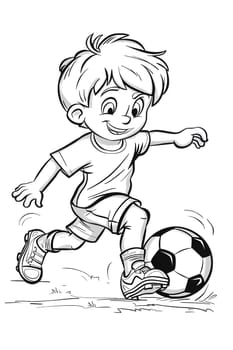 A cartoon drawing of a boy kicking a soccer ball with his foot. His arm and hand are raised in a gesture while his leg is in motion. The boy is wearing a sleeve on his arm and footwear on his feet