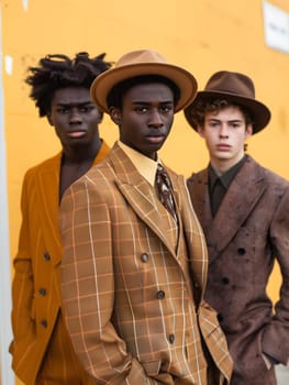 Three men in formal wear, wearing blazers and fedoras, are standing together at an event. They are dressed in vintage clothing with dress shirts and stylish hats