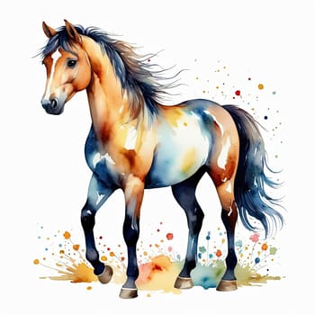 Horse in watercolor style, isolated on white background with splash, Running watercolor brown horse. Watercolor horse. High quality photo