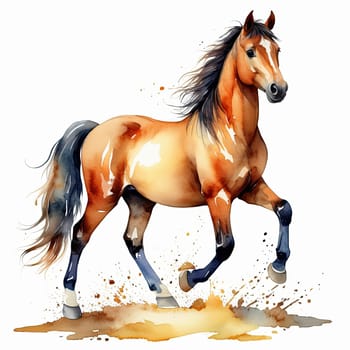 Horse in watercolor style, isolated on white background with splash, Running watercolor brown horse. Watercolor horse. High quality photo