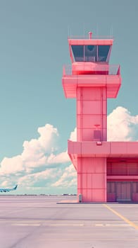 A magenta building with a control tower on top, standing tall against the electric blue sky. A unique blend of naval architecture and landscape, overlooking the horizon and ocean