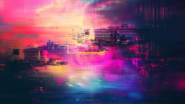 Abstract digital glitch background with vibrant neon colors and textured patterns