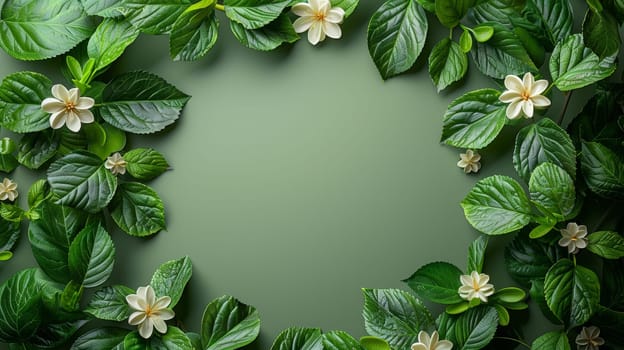 Green leaves and white flowers border with empty center