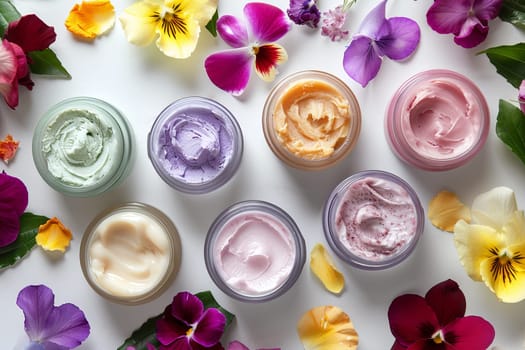 A close-up image of various face masks and creams in jars on a light background, surrounded by flower petals.