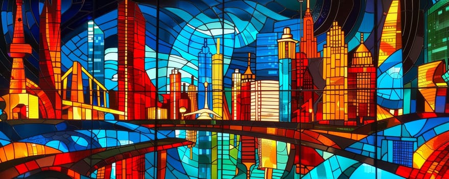Stained glass cityscape with vibrant colors
