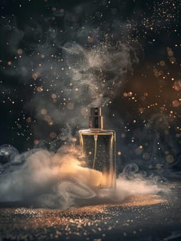 A luxury perfume bottle sits on a dark background, with mist gently rising from its opening.