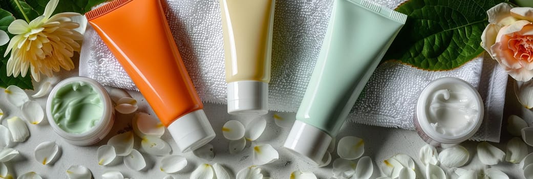 Tubes of hand and foot cream on a background of white towels and flower petals.