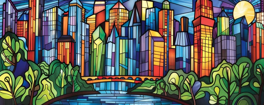 Stained glass art of a colorful cityscape with trees and a river