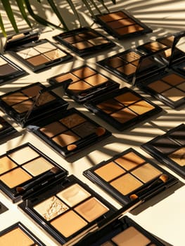 A collection of contouring palettes and highlighters arranged on a light surface, casting shadows from overhead light.