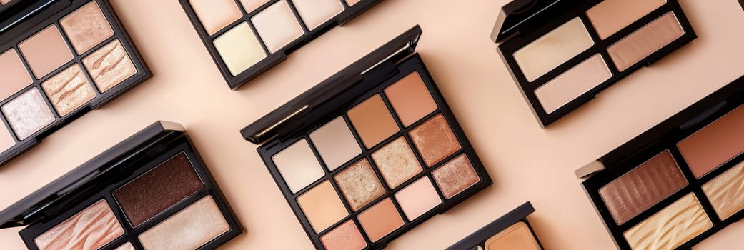 A flat lay showcasing several contouring and highlighting palettes, organized neatly on a light backdrop.