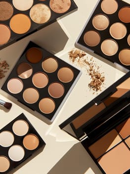 A collection of contouring palettes and highlighters organized on a light background.