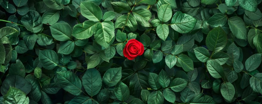 Single red rose amidst green foliage
