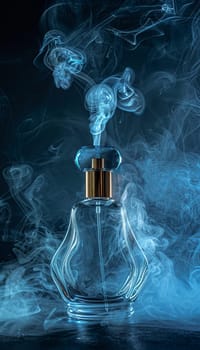 A clear glass perfume bottle with a gold top, surrounded by blue smoke mist, on a dark background.