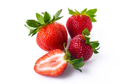 Ripe perfect strawberry and cross cut of strawberry isolated on white background. 1