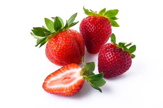 Ripe perfect strawberry and cross cut of strawberry isolated on white background.