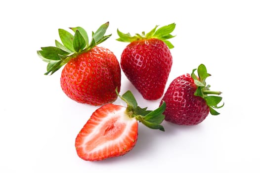 Set of ripe strawberries. Whole and cut berries isolated on white background.1