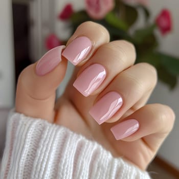 A detailed shot showcasing a womans hand with pink nail polish, wearing a white sweater. The image highlights her manicured nails and elegant gesture