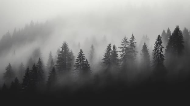 Layers of forested hills shrouded in morning mist present a serene, monochromatic view - Generative AI