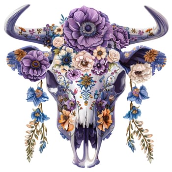 Symbolizing creativity, the bull skull is adorned with vibrant purple and electric blue flowers, showcasing a unique fusion of art and fashion accessory