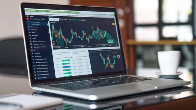 A laptop computer is open to a screen displaying a stock market graph.